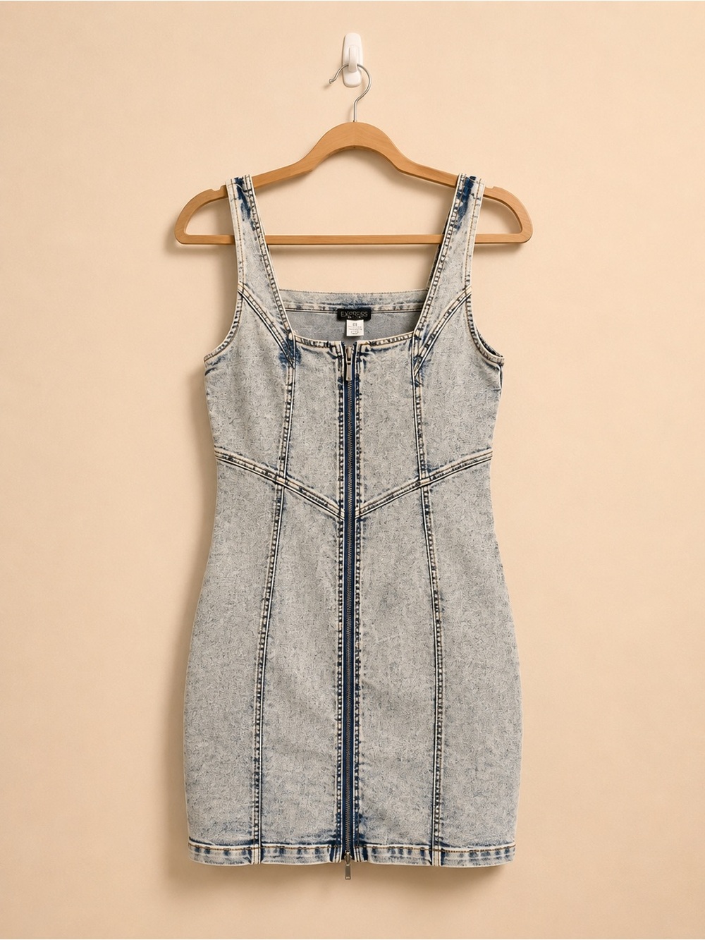 NWOT Venus Acid Wash Denim Mini Dress 12 | Zip Front Bodycon Jean Dress
